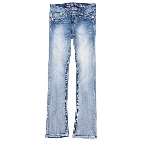 Rebel & Soul Bootcut Jeans Women’s 2 Light Wash Feather Embellished Pockets y2k - Picture 2 of 7